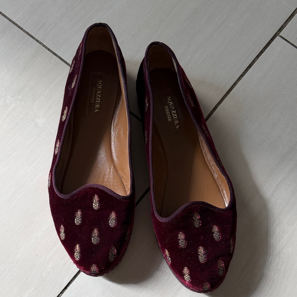 Aquazzura Burgundy Velvet Pineapple-Embellished Flats
